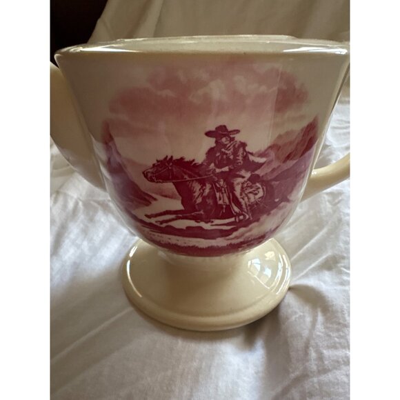 Vintage Cream Ceramic Teapot With Cowboy Horse Scene & Red Floral Handle Design - Picture 7 of 11